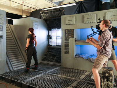 Our space ship set is reconfigurable to suit your specific creative needs; shown here is  small shuttle interior being used for a music video featuring Emii. 	